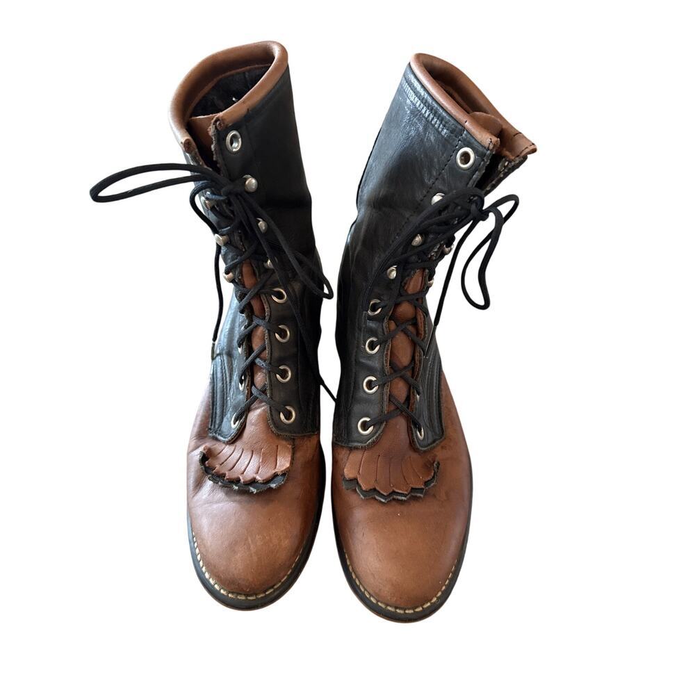 Vintage 90's Laredo Two-Tone Leather Kiltie Roper Western Lace Up Boots Sz 6 USA
